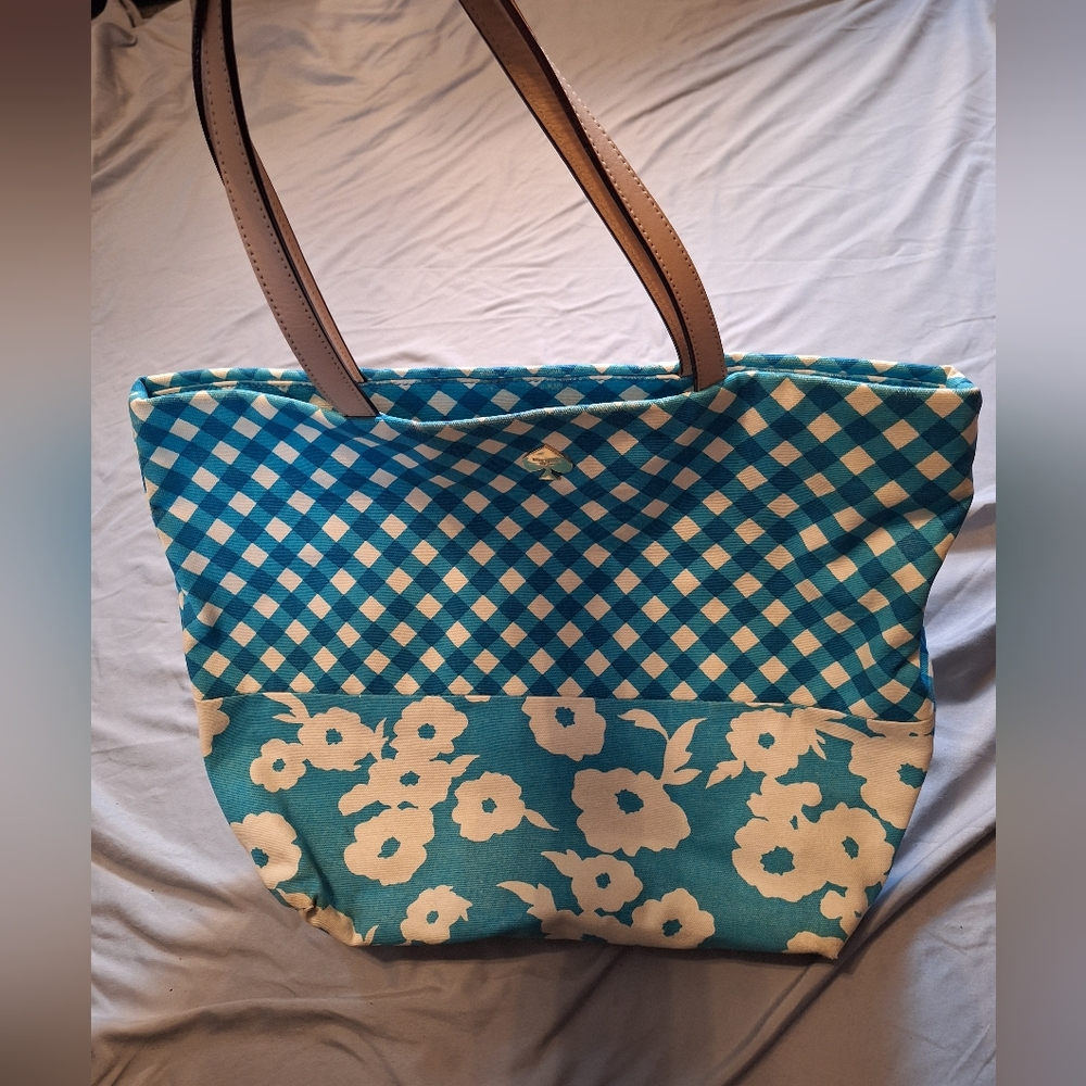 Large Kate Spade Blue Floral and Gingham Tote Bag - Picture 8 of 8